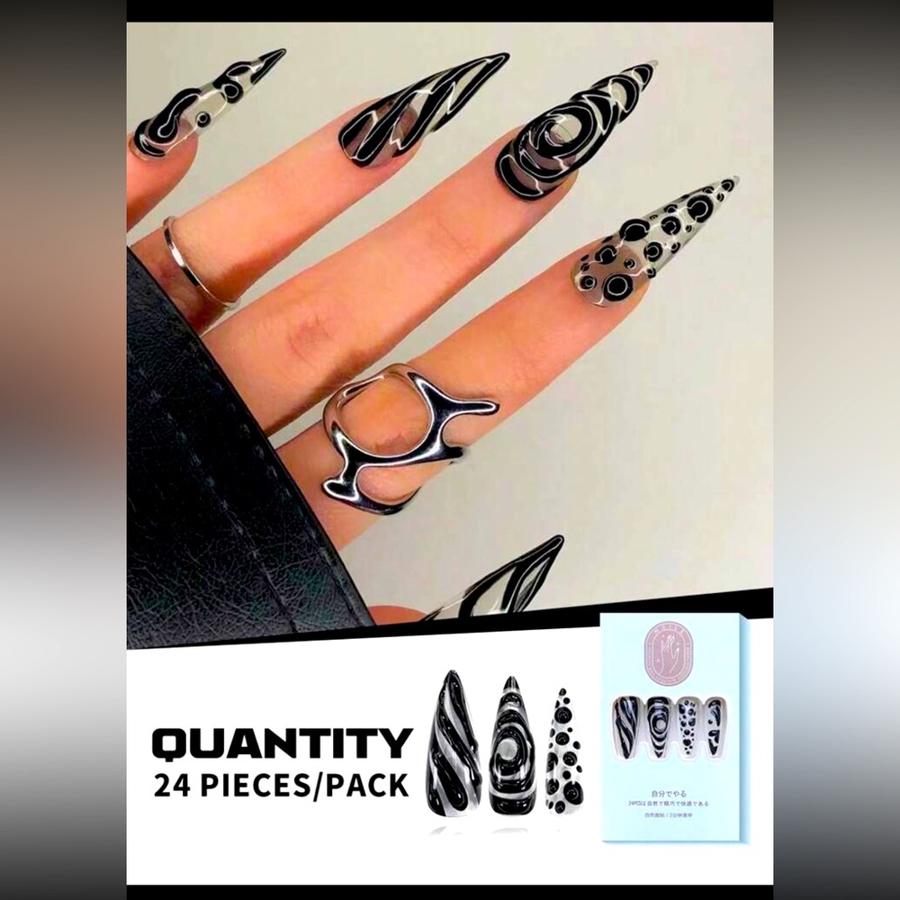 ⭐️SOLD⭐️ Saw Long Stiletto Press On Nail Set 🌀24 Piece Set